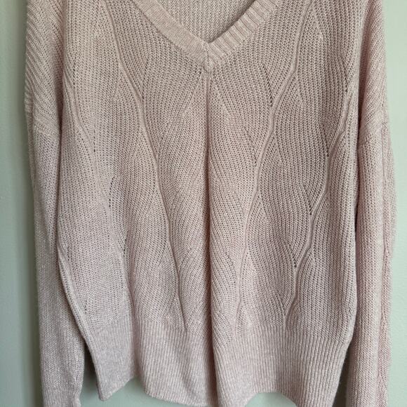 Ophelia Roe Sweater Size 1X Pink Braided Knit V-Neck Chunky Cabincore Preppy - Picture 2 of 9
